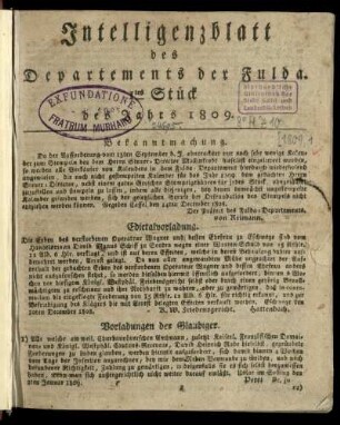 1tes Stueck, vom 2ten Januar 1809