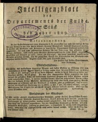 1tes Stueck, vom 2ten Januar 1809