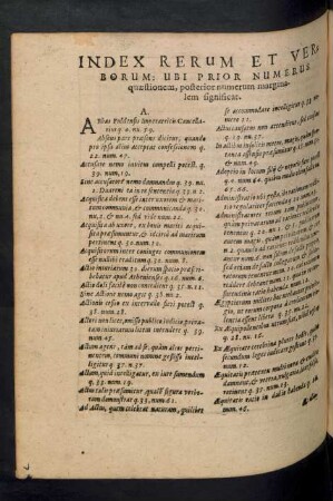 Index Rerum Et Verborum: Ubi Prior Numerus quaestionem, posterior numerum marginalem significat