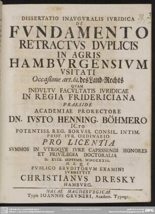 Dissertatio Inauguralis Iuridica De Fundamento Retractus Duplicis In Agris Hamburgensium Usitati : Occasione art. 61. des Land-Rechts