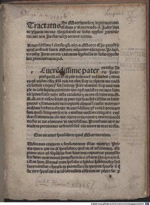 Tractatus de matrimonio et legitimatione : gewidmet Kardinal Marcus Cornarius, San Angelo 27.10.1488