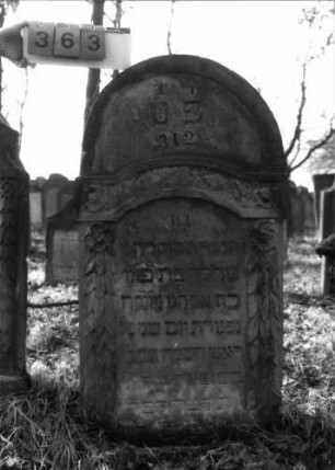 Grabstein 363 (Index: 100115751) Material: Sandstein Zustand: verwittert Maße HxBxT: 132x69x21 cm Beschreibung: Stele mit Rundbogenabschluß, eingetieftes Schriftfeld mit eingezogenem Segmentbogenabschluß Symbolik: Ranken, Blüten, 'Band': Grabstein 363