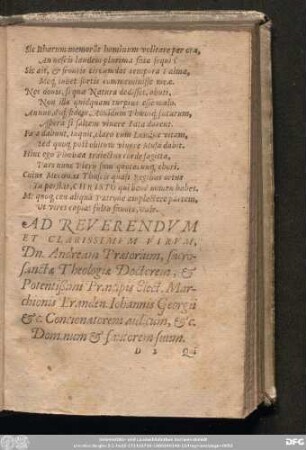 Ad Reverendum Et Clarissimum Virum, Dn. Andream Praetorium, sacrosanctae Theologiae Doctorem, & Potentißimi Principis Elect. Marchionis Branden. Iohannis Georgii &c. Concionatorem aulicum, &c. Dominum & fautorem suum.