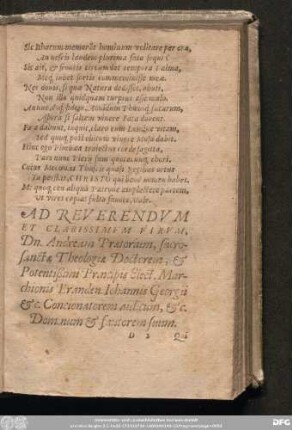 Ad Reverendum Et Clarissimum Virum, Dn. Andream Praetorium, sacrosanctae Theologiae Doctorem, & Potentißimi Principis Elect. Marchionis Branden. Iohannis Georgii &c. Concionatorem aulicum, &c. Dominum & fautorem suum.