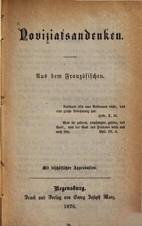 Noviziatsandenken : Aus dem Französischen