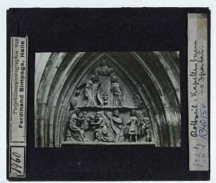 Rottweil, Kapellenkirche,Rottweil, Kapellenturm, Nordportal : Tympanon, Relief Verkündigung, Anbetung der Könige