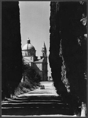 Blick entlang einer Allee zur Kirche Madonna di San Biagio in Montepulciano