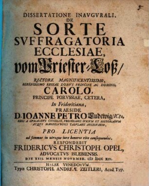 Dissertatione Inavgvrali, De Sorte Svffragatoria Ecclesiae, vom Priester-Loß