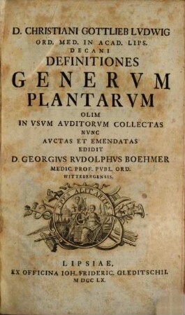 D. Christiani Gottlieb Lvdwig Ord. Med. In Acad. Lips. Decani Definitiones Genervm Plantarvm : Olim In Vsvm Avditorvm Collectas