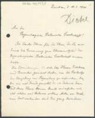 Brief von Paul Dietel an Regensburgische Botanische Gesellschaft