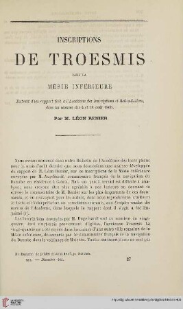 N.S. 12.1865: Inscriptions de Troesmis dans la Mésie inférieure : Extrait d'un rapport fait à l' Académie des inscriptions et belles-lettres, dans les séances des 4 et 18 août 1865
