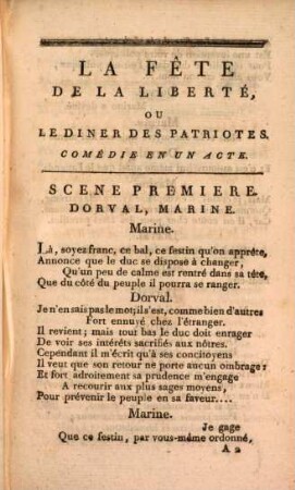 La fête de la liberté ou Le diner des patriotes : Comédie