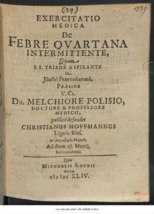 Exercitatio Medica De Febre Quartana Intermittente