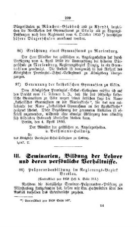 Präparandenbildung im Regierungs-Bezirk Breslau : [III. Seminarien, Bildung der Lehrer und deren persönliche Verhältnisse]