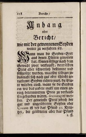 Anhang oder Bericht / wie mit der gewonnenen Seyden weiter zu verfahren sey.