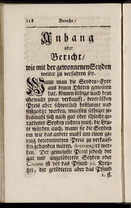 Anhang oder Bericht / wie mit der gewonnenen Seyden weiter zu verfahren sey.