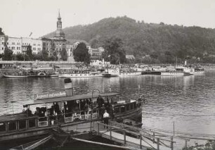Bad Schandau mit Dampferanlegestelle vom linken Elbufer aus gesehen, Dampfer "Riesa" (1897, Werft Blasewitz)