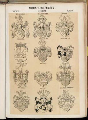 Taf. 319. Möllendorf I. - Möllendorf II. - Moller I. - Moller II. - Möller I. 1805. - Möller II. 1814. - Möller III. 1541-70. - Möller IV. - Möller V. - Molliére. - Moltke. - Walther v. Monbarÿ