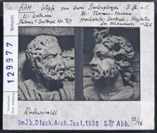 Rom: Köpfe von zwei Sarkophagen: Links: Lateran, "Petrus"-Sarkophag. Rechts: Thermen-Museum, "Hochzeits"-Sarkophag