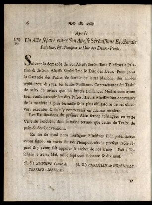 Aprés Un Acte séparé entre Son Altesse Sérénissime Electorale Palatine, & Monsieur le Duc des Deux-Ponts