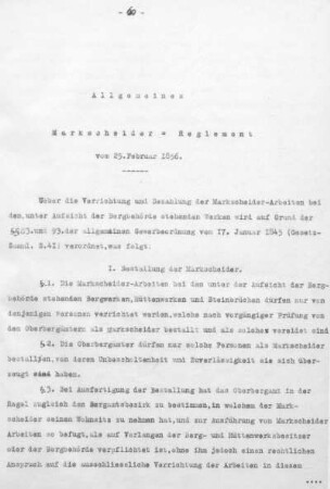 Allgemeines Markscheider - Reglement vom 25. Februar 1856.