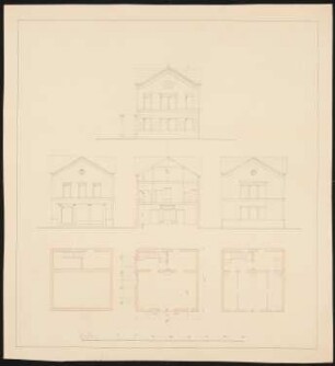 Zweigeschossiges Landhaus mit vorgelagerter Säulenhalle: Vorder-, Seitenansichten, Schnitt, Grundriss Keller-, Erd- und Obergeschoss