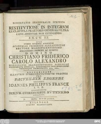 Dissertatio Inavgvralis Ivridica De Restitvtione In Integrvm Ex Clavsvla Praetoris Generali Vltra Casvs Absentiae Non Extendenda : Sect. II