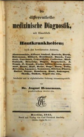 Die differentielle medizinische Diagnostik, mit Einschluß der Hautkrankheiten
