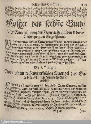 Folget das sechste Buch/ Von Ausrechnung der Figuren Inhalt/ und derer Verjüngung und Vergrösserung.