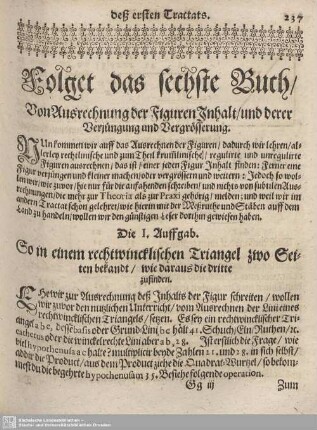 Folget das sechste Buch/ Von Ausrechnung der Figuren Inhalt/ und derer Verjüngung und Vergrösserung.