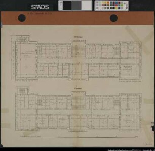 Gerichtsgebäude, ca. 1877 Grundrisse 3. und 4. Geschoss Ausf.-Art: Grundrisszeichnung mit farbigen Einzeichnungen Herst.: Format: 54 x 70cm Maßstab: 1 : 110