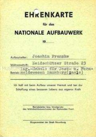 Nachweiskarte des Nationalen Aufbauwerkes über geleistete Arbeitsstunden