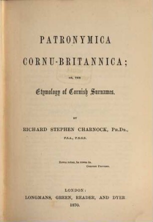 Patronymica Cornu - Britannica; or, the Etymology of Cornish Surnames