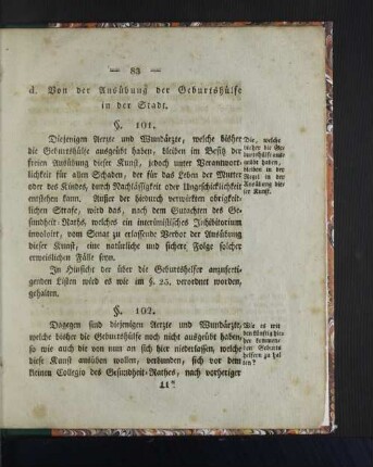 d. Von der Ausübung der Geburtshülfe in der Stadt.
