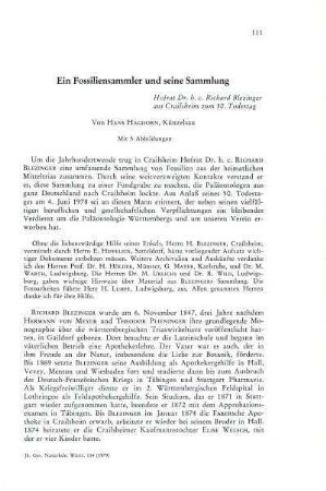 Ein Fossiliensammler und seine Sammlung. Hofrat Dr. h. c. Richard Blezinger aus Crailsheim zum 50. Todestag