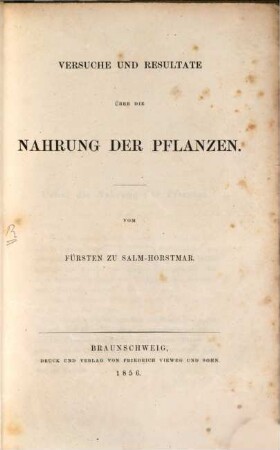 Versuche und Resultate über die Nahrung der Pflanzen