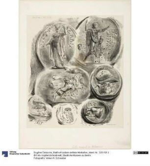 Blatt mit sieben antiken Medaillen