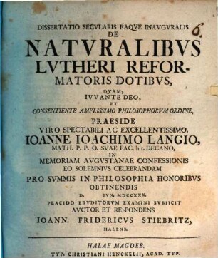 Diss. de naturalibus Lutheri reformatoris dotibus