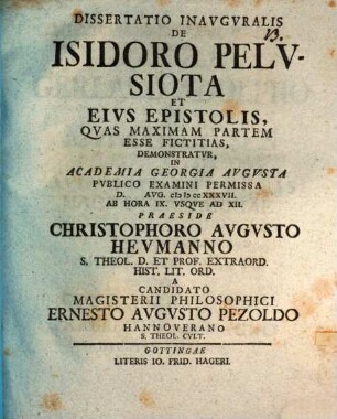 Diss. inaug. de Isidoro Pelusiota et eius epistolis ...