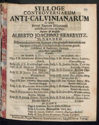 Sylloge Controversiarum Anti-Calvinianarum in usum Privati Exercitii Disputatorii collecta, A[nn]o 1705. m. Maio