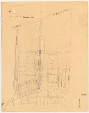 Erweiterung der Friedhöfe, Stolp: Grundriss der geplanten Erweiterung auf Lichtpause von Inv.-Nr. 41158 (Höhenlinien-Plan des Bereiches um den bestehenden Friedhof) 1:1000, Maßstabsleiste, Vermerk