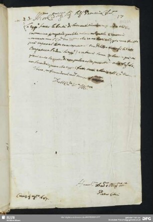 [Faszikel 26: Brief von Pietro Liberi (1605-1687] an Bernardo Trevisan (Original), nebst einem gedichtartigen Notat