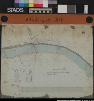 Okular-Plan von der Gegend der Ems beim Linger Fehr Enthält u.a.: Anlegestelle und Fahrlinie der Lingener Fähre, Weg von Schepsdorf zur Anlegestelle Ausf.-Art: farbige Zeichnung auf Papier Herst.: Wegeinspektor Buch Format: 35 x 44 cm Maßstab: ca. 1 : 1380