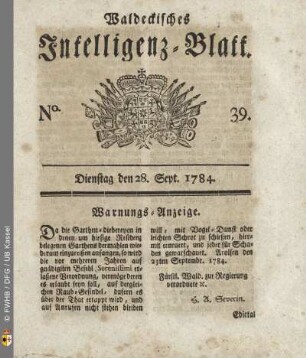 No. 39, Dienstag den 28. Sept. 1784