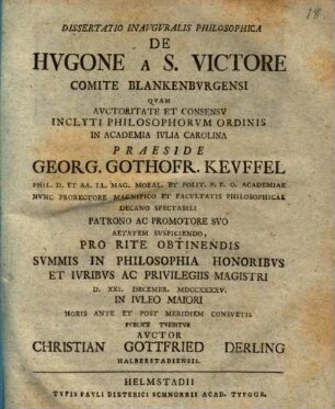 Dissertatio inavgvralis De Hvgone a S. Victore, Comite Blankenburgensi