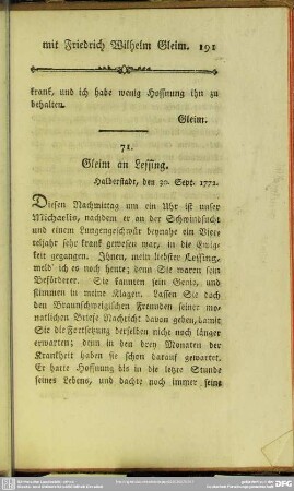 71. Gleim an Lessing. Halberstadt, den 30. Sept. 1772
