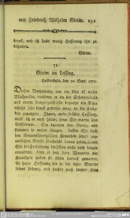 71. Gleim an Lessing. Halberstadt, den 30. Sept. 1772