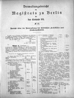 No. 17. Bericht über die Verwaltung der städtischen Hospitäler und Sichenanstalten
