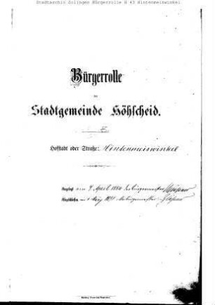 Höhscheid: Hintenmeiswinkel 1884 – 1898 / 1898 – 1910 / 1910 - 1921; Höfchen 1883 – 1896 / 1896 - 1920
