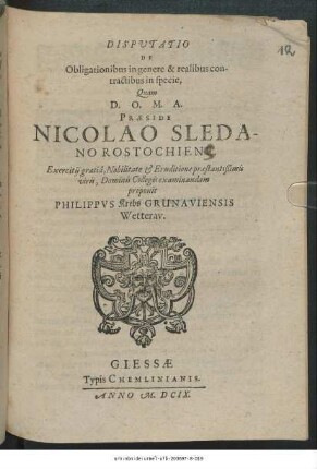 Disputatio De Obligationibus in genere & realibus contractibus in specie